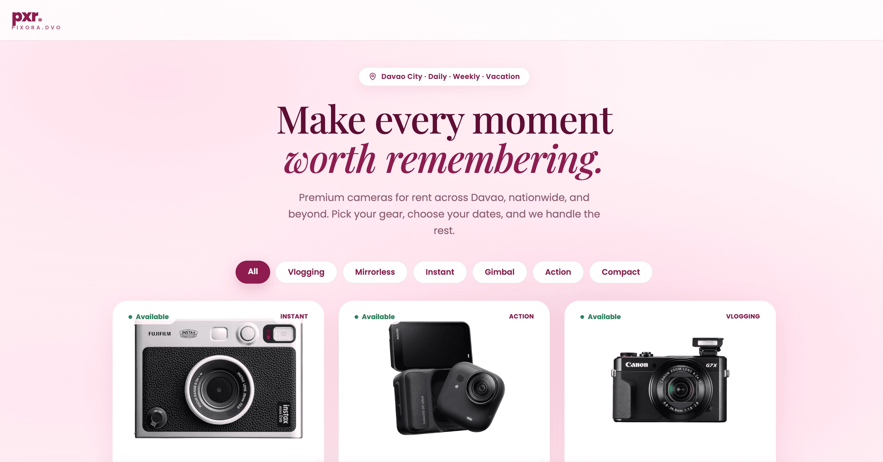 Pixora camera catalog showing rental cameras with daily prices